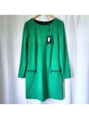 Daniel Hechter Size 14 Long Sleeve Green Dress Lined with Zipper Pockets